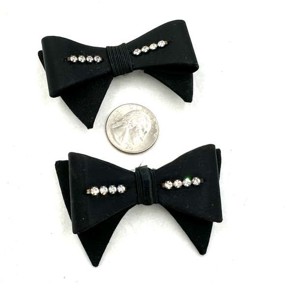 Vintage Black Bow Clear Rhinestone Shoe Clips Fancy Black Tie - Picture 4 of 11